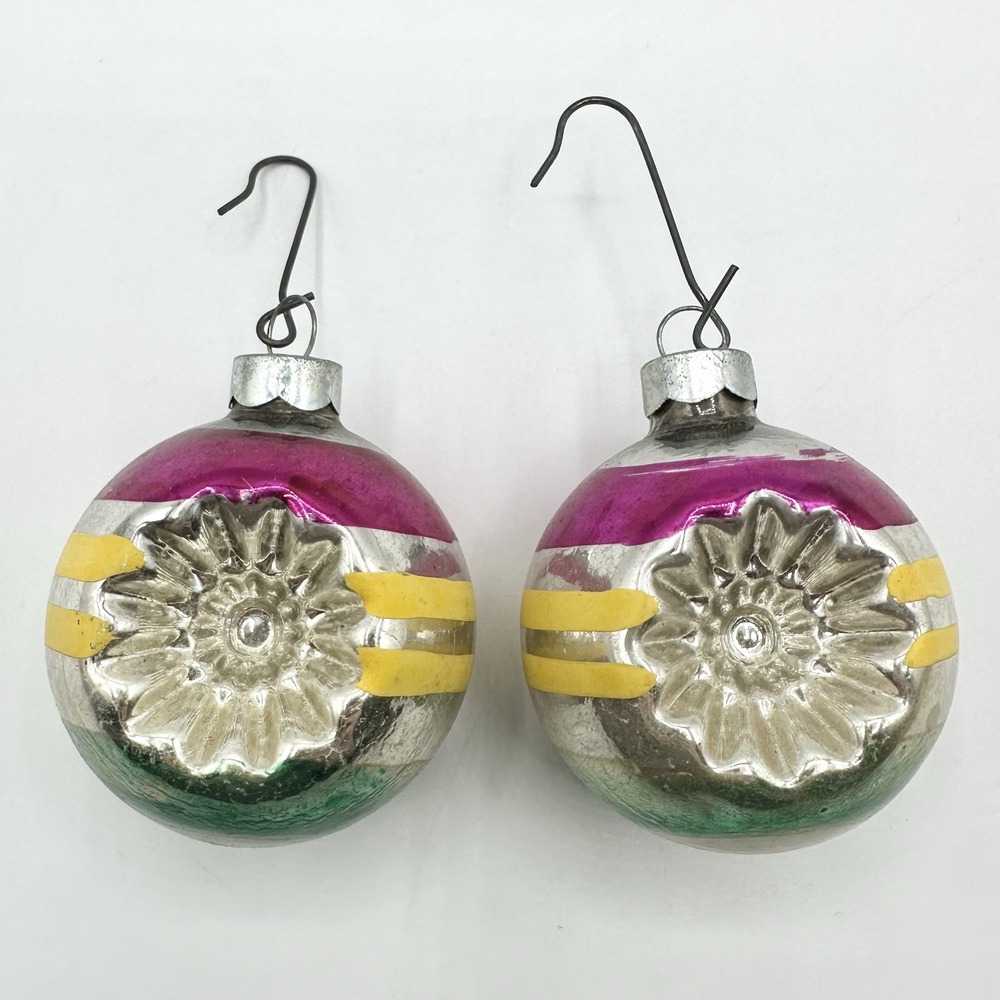 2 Vintage Christmas Ornament Striped Double Imprint Made In USA Pink Yellow